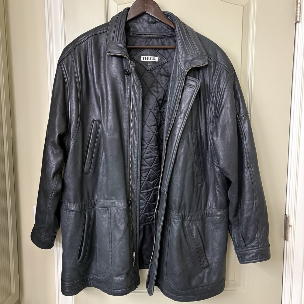 Vintage Tibor Heavy Black Leather Zip In/Out Lined Car Coat Motorcycle Jacket L - Picture 2 of 16